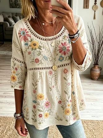 Crew Neck Half Sleeve Floral Printing Regular Micro-Elasticity Loose Blouse For Women