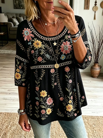 Crew Neck Half Sleeve Floral Printing Regular Micro-Elasticity Loose Blouse For Women - Image 5