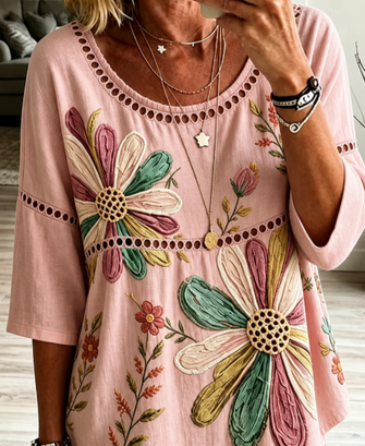 Crew Neck Half Sleeve Floral Printing Regular Micro-Elasticity Loose Blouse For Women - Image 2