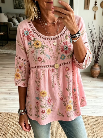 Crew Neck Half Sleeve Floral Printing Regular Micro-Elasticity Loose Blouse For Women - Image 2