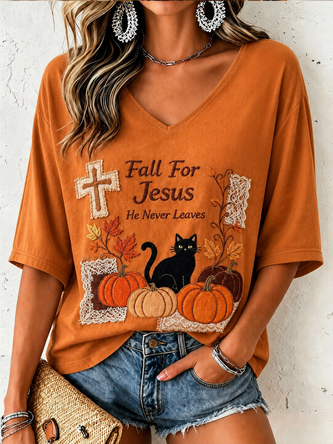 Vintage Text Letters V Neck Half Sleeve T-shirt