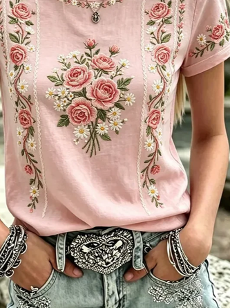 Casual Floral Crew Neck Short Sleeve T-shirt - Image 3
