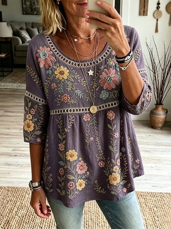 Crew Neck Half Sleeve Floral Printing Regular Micro-Elasticity Loose Blouse For Women - Image 6