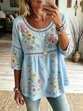 Crew Neck Half Sleeve Floral Printing Regular Micro-Elasticity Loose Blouse For Women - Image 3
