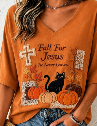 Vintage Text Letters V Neck Half Sleeve T-shirt - Image 3