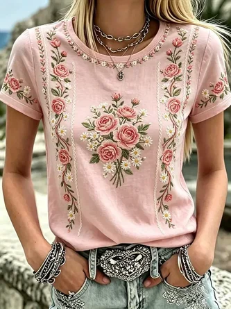 Casual Floral Crew Neck Short Sleeve T-shirt
