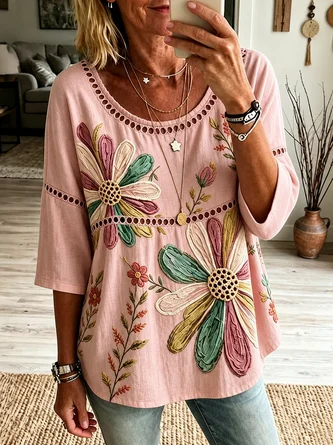 Crew Neck Half Sleeve Floral Printing Regular Micro-Elasticity Loose Blouse For Women