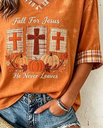 Vintage Text Letters V Neck Half Sleeve T-shirt - Image 3
