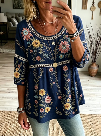 Crew Neck Half Sleeve Floral Printing Regular Micro-Elasticity Loose Blouse For Women - Image 4