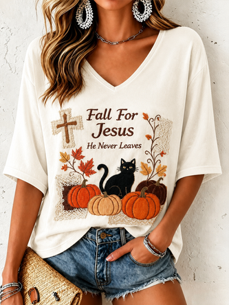 Vintage Text Letters V Neck Half Sleeve T-shirt - Image 2
