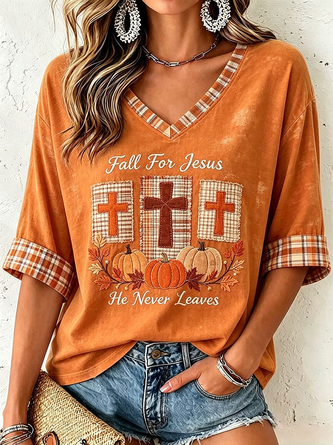 Vintage Text Letters V Neck Half Sleeve T-shirt