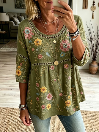 Crew Neck Half Sleeve Floral Printing Regular Micro-Elasticity Loose Blouse For Women - Image 7