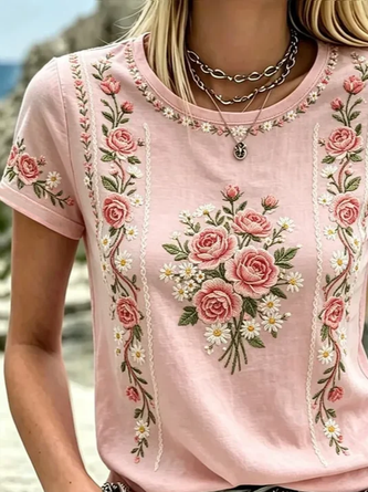 Casual Floral Crew Neck Short Sleeve T-shirt - Image 2