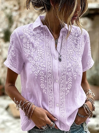 Shirt Collar Short Sleeve Floral Printing Regular Micro-Elasticity Loose Button Up Shirt Shirt For Women - Image 3