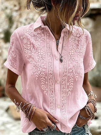 Shirt Collar Short Sleeve Floral Printing Regular Micro-Elasticity Loose Button Up Shirt Shirt For Women - Image 2
