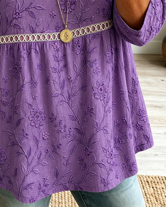Crew Neck Half Sleeve Floral Printing Regular Micro-Elasticity Loose Blouse For Women - Image 3