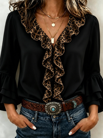 V Neck Three Quarter Sleeve Plain Regular Micro-Elasticity Regular Fit Shirt For Women - Image 2