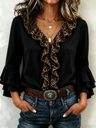 V Neck Three Quarter Sleeve Plain Regular Micro-Elasticity Regular Fit Shirt For Women