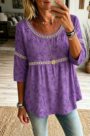 Crew Neck Half Sleeve Floral Printing Regular Micro-Elasticity Loose Blouse For Women
