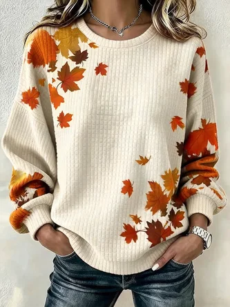 Casual Crew Neck Maple Leaf Sweatshirt Printing