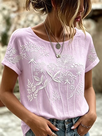 Casual Floral Crew Neck Short Sleeve T-shirt - Image 3