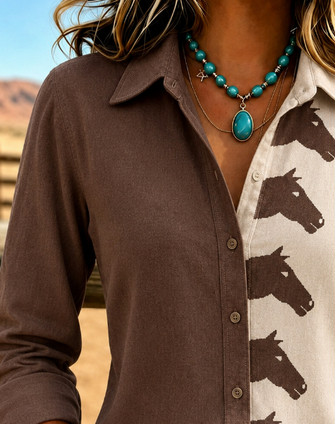 Shirt Collar Long Sleeve Color Block Printing Regular Micro-Elasticity Loose Shirt For Women - Image 2