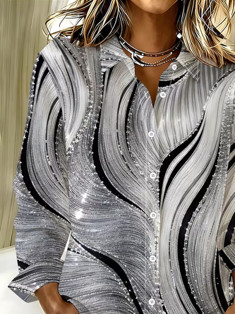 Women Abstract Casual Shirt Shirt Collar Long Sleeve Buckle Top 2 Women Abstract Casual Shirt Shirt Collar Long Sleeve Buckle Top - Image 2