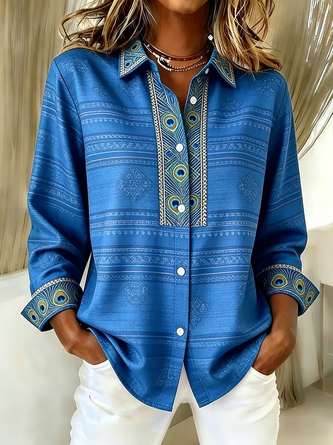Women Abstract Casual Shirt Shirt Collar Long Sleeve Buckle Top - Image 2