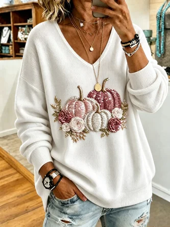 Casual Pumpkin Pattern V Neck Long Sleeve T-shirt - Image 2