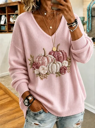 Casual Pumpkin Pattern V Neck Long Sleeve T-shirt
