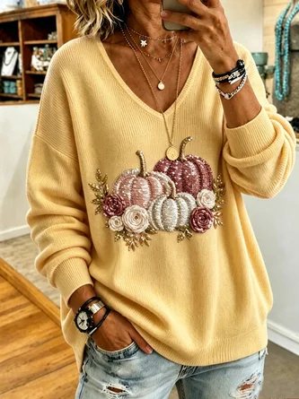 Casual Pumpkin Pattern V Neck Long Sleeve T-shirt - Image 3