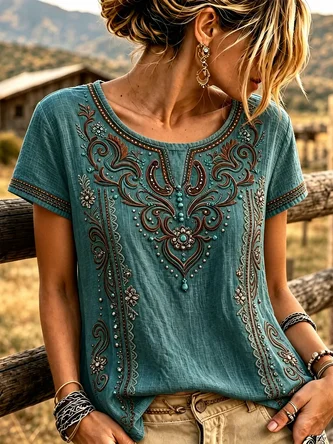 Casual Floral Crew Neck Short Sleeve T-shirt 1 Casual Floral Crew Neck Short Sleeve T-shirt