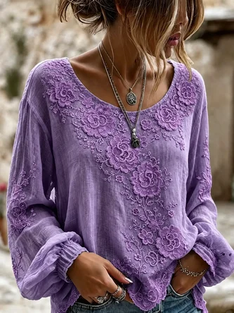 Floral Casual Blouse Crew Neck Long Sleeve Printing Top