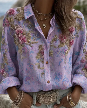 Women Floral Vintage Shirt Shirt Collar Long Sleeve Printing Top - Image 2
