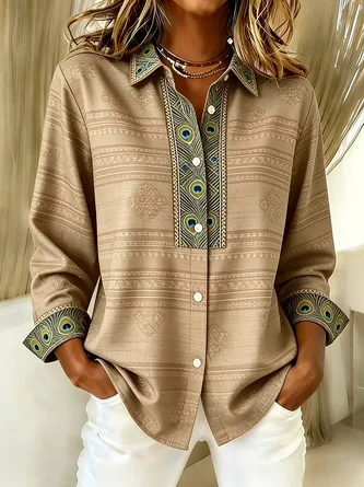 Women Abstract Casual Shirt Shirt Collar Long Sleeve Buckle Top - Image 3
