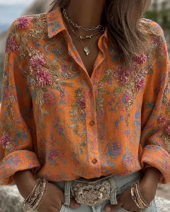 Floral Vintage Shirt Shirt Collar Long Sleeve Printing Top