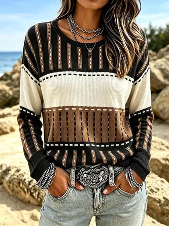 Casual Abstract Crew Neck Long Sleeve T-shirt