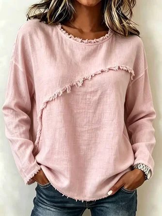 Plain Casual Blouse Crew Neck Long Sleeve Top