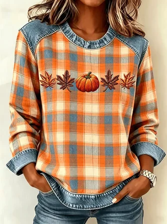 Vintage Plaid Crew Neck Long Sleeve Sweatshirt