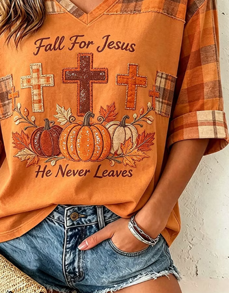 Casual Plaid V Neck Half Sleeve T-shirt - Image 3