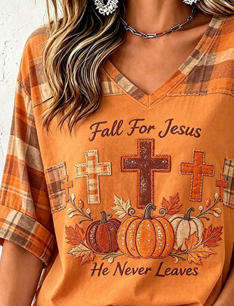 Casual Plaid V Neck Half Sleeve T-shirt - Image 2