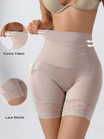 High Waist Tummy Control Shapewear Boyshorts Cross Front Lace Trim Safety Shorts Panties