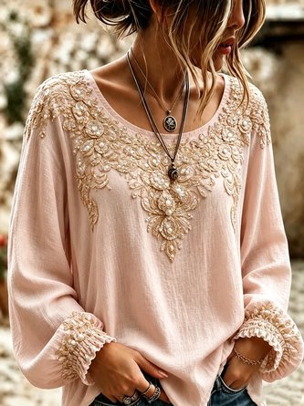 Women Floral Casual Blouse Crew Neck Long Sleeve Printing Top - Image 3
