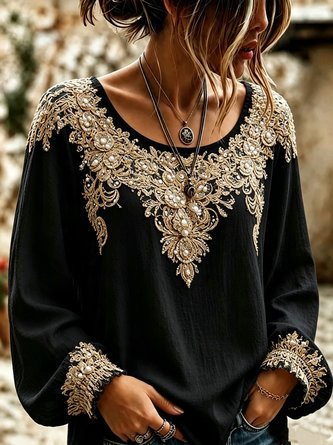 Women Floral Casual Blouse Crew Neck Long Sleeve Printing Top - Image 2