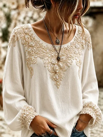 Women Floral Casual Blouse Crew Neck Long Sleeve Printing Top