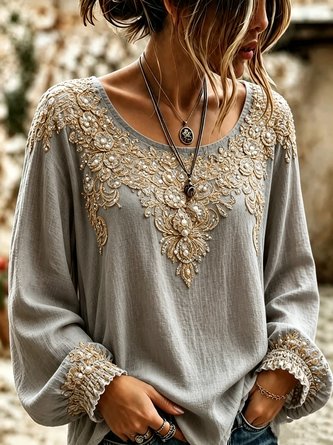 Women Floral Casual Blouse Crew Neck Long Sleeve Printing Top - Image 4