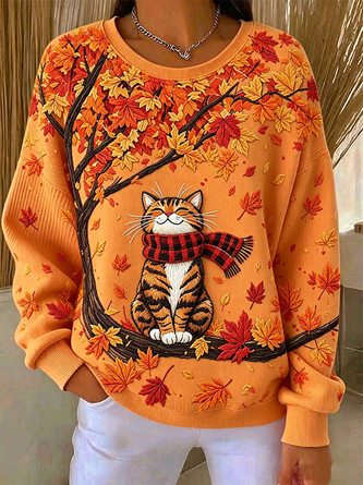 Casual Cat Crew Neck Long Sleeve Sweatshirt 1 Casual Cat Crew Neck Long Sleeve Sweatshirt