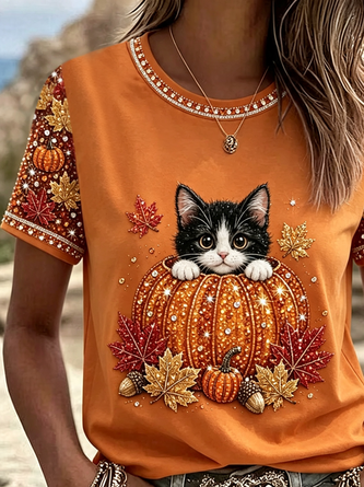 Casual Cat Crew Neck Short Sleeve T-shirt - Image 6