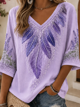 Casual Floral V Neck Half Sleeve T-shirt - Image 2