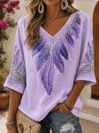 Casual Floral V Neck Half Sleeve T-shirt